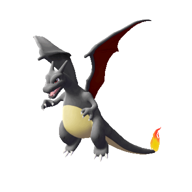 Shiny Charizard playing its battle-wait animation with the animated tail flame