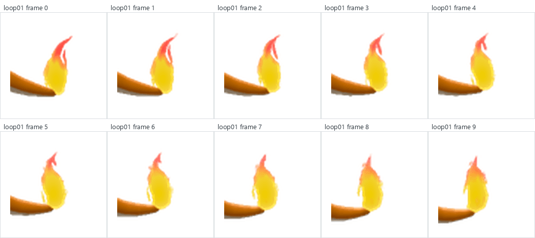 Close-up frames 0 to 9 of Charizard’s rendered tail flame with the FireMask and FireCore passes composited