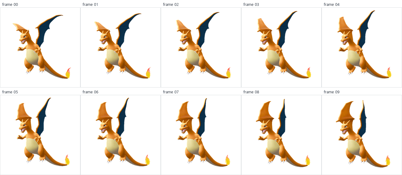 First ten rendered frames of Charizard's battle wait with textured mesh, default shading, and animated tail flame